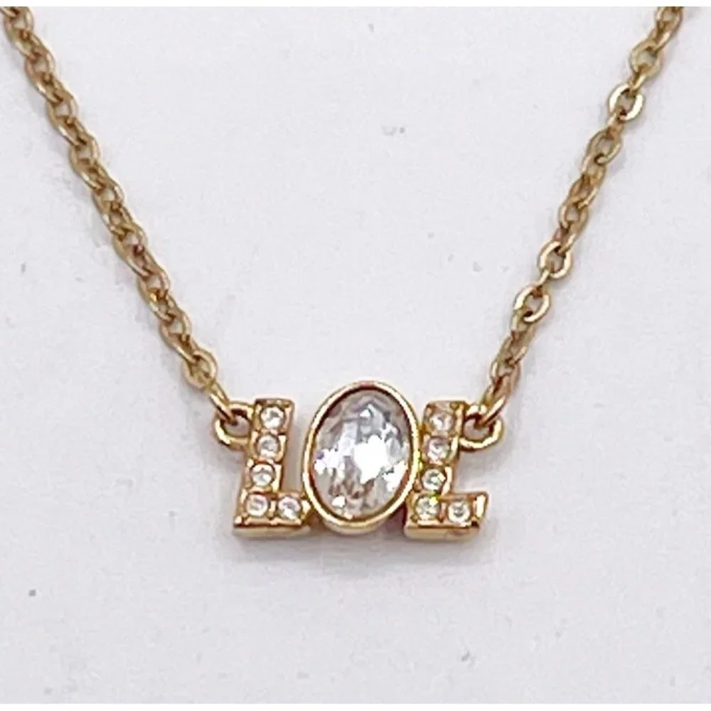 Swarovski Crystal Humorist LOL Pendant Necklace Gold Tone Adjustable Length - Picture 1 of 7